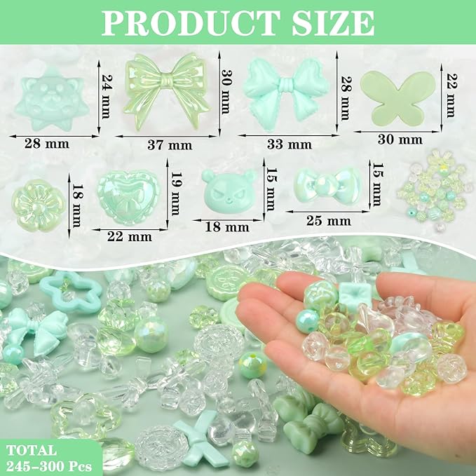 ABONDEVER 245-300Pcs Assorted Acrylic Beads for Bracelets Making Cute Star Bow Flower Candy Heart Gummy Bear Butterfly Beads for DIY Jewelry Crafts Keychain Necklace Phone Charms(Green)