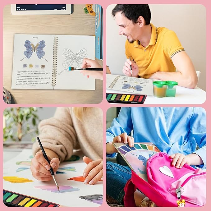Watercolor Workbook, Water Coloring Book, Beginner-Friendly Watercolor Workbooks with 12 Colors Paint Set with Paint Brush, Suitable for Adult