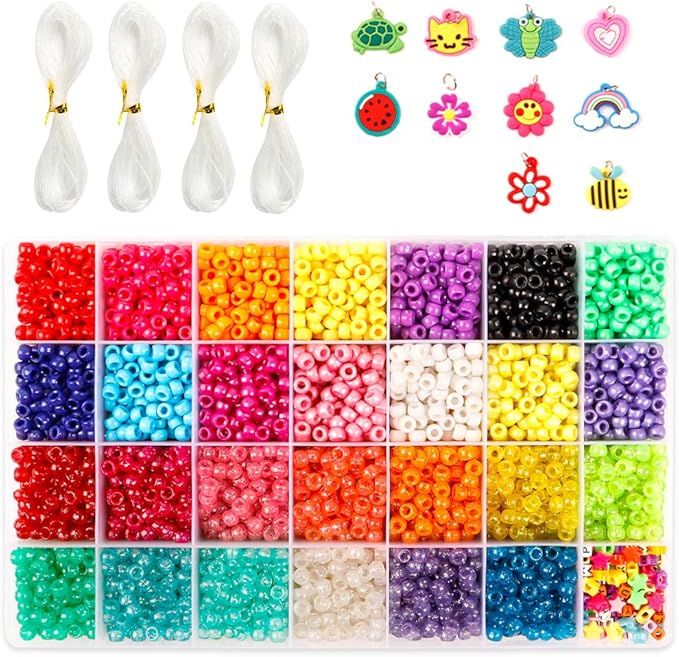 INSCRAFT Pony Beads Set - 4,600 pcs 9mm Pony, Letter & Star Beads in 27 Colors with Elastic String for Bracelet Jewelry Making
