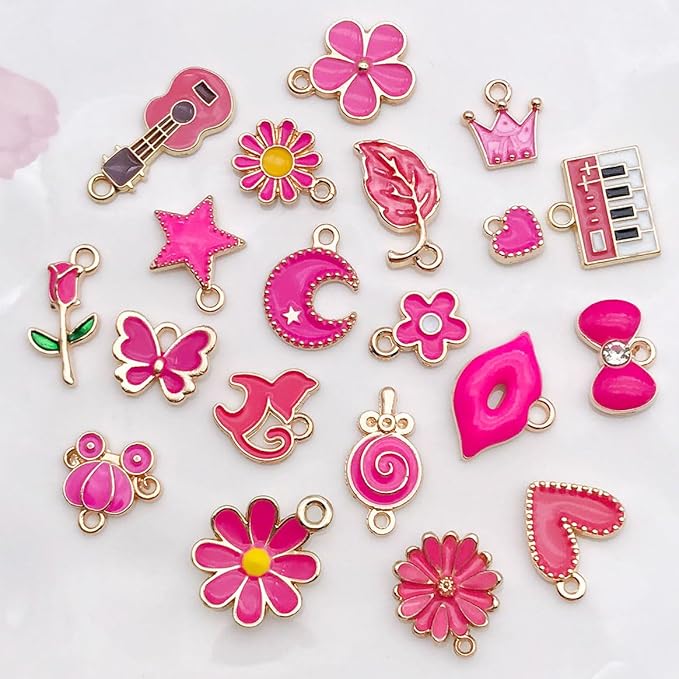 WOCRAFT 40pcs 20 pairs Assorted Enamel Bracelet Charms for Jewelry Making DIY Necklace Bracelet Earrings Keychain Crafting Charms Kit Crafts (Rose Red-SN993)