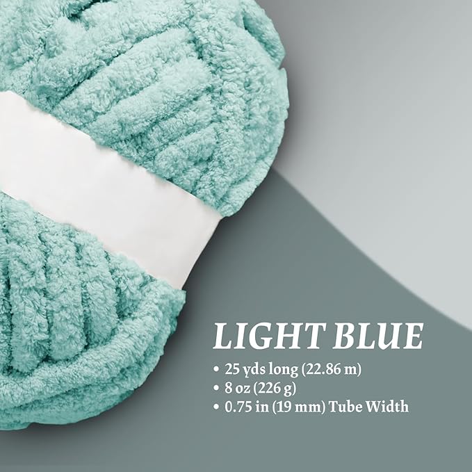 Super Soft Chunky Chenille Yarn – 8 Skeins × 8 oz (25 Yards Each) Jumbo Bulky Yarn for Crochet & Hand Knitting Blankets, Sweaters, Cushions, DIY Projects (Light Blue)