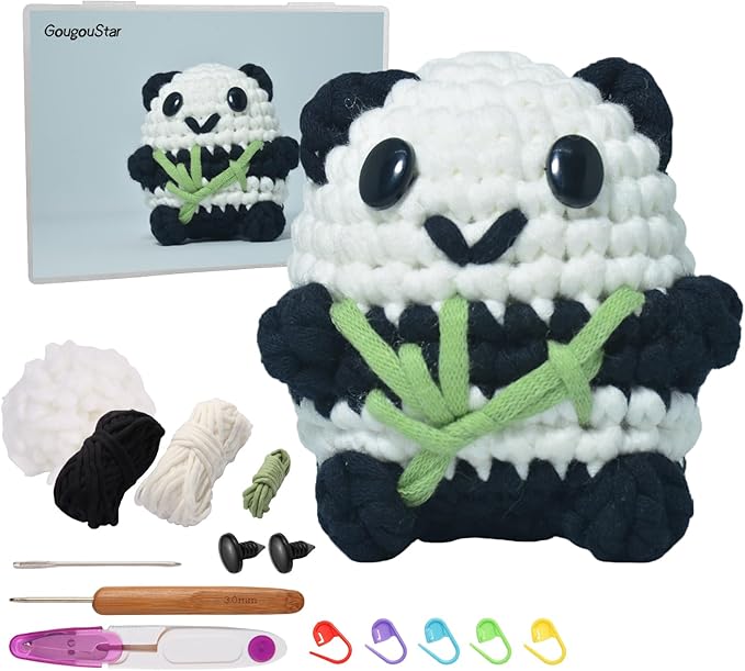 GougouStar Crochet Kit for Beginners, Animal Crochet Kits, Knitting Kit with Step-by-Step Video Tutorials and Crochet Accessories - Amigurumi Beginner Crochet Kit (Black Panda)
