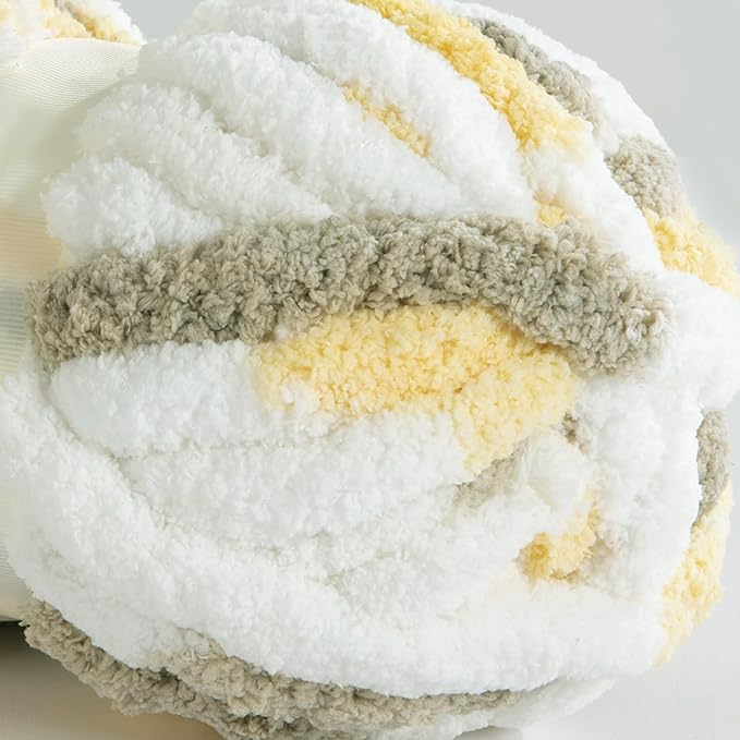 HOMBYS Chunky Tie Dye Mix Chenille Yarn for Hand Knitting, Super Bulky Jumbo Yarn for Crocheting, 3/4" Thick Soft Plush Yarn for Blankets, 8 Skein Pack (26 yds / 7.5 oz Each) White Yellow Brown