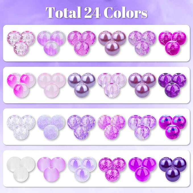 PAXCOO 720pcs Glass Beads for Jewelry Making 8mm, 24 Colors Bead Bracelet Making Kit Purple Round Loose Beads for Bracelet Earring Necklace Jewelry Making Supplies