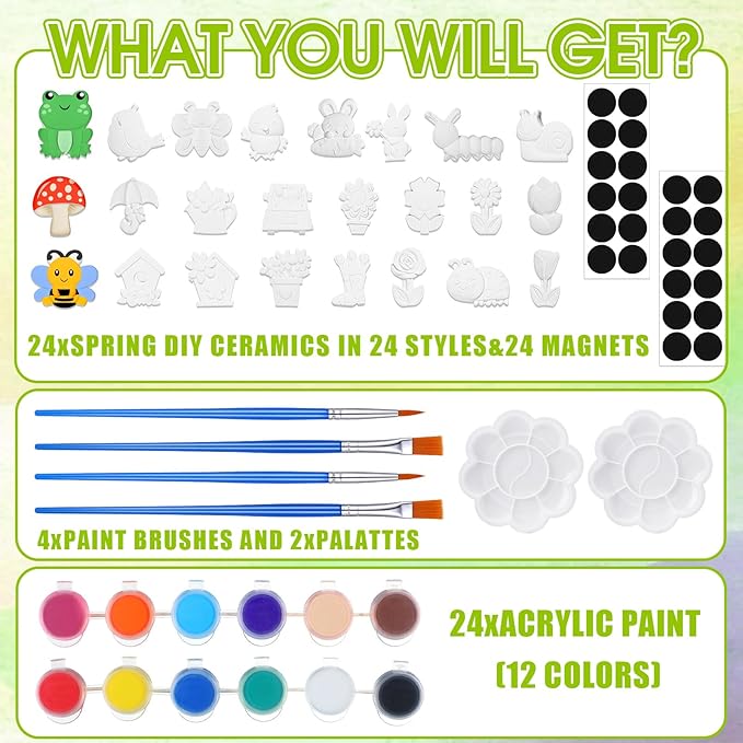 WinnerWhy 24 Set DIY Spring Garden Ceramic Crafts Kit Paint Your Own Figurines Ready to Paint Bisque Figurines Crafts Arts with 24 Magnets 4 Brushes and 2 Palette Ceramic Painting Kit for Adults