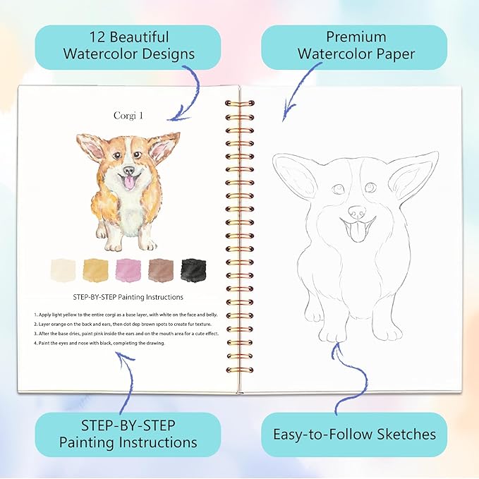 Easy Watercolor Workbook for Beginners - 12 Beautiful Step-by-Step Paintings Water Coloring Book, Includes 18 Colors Paints, Relaxing Art Projects and Creative Gift for Adults & Teen (Dogs)