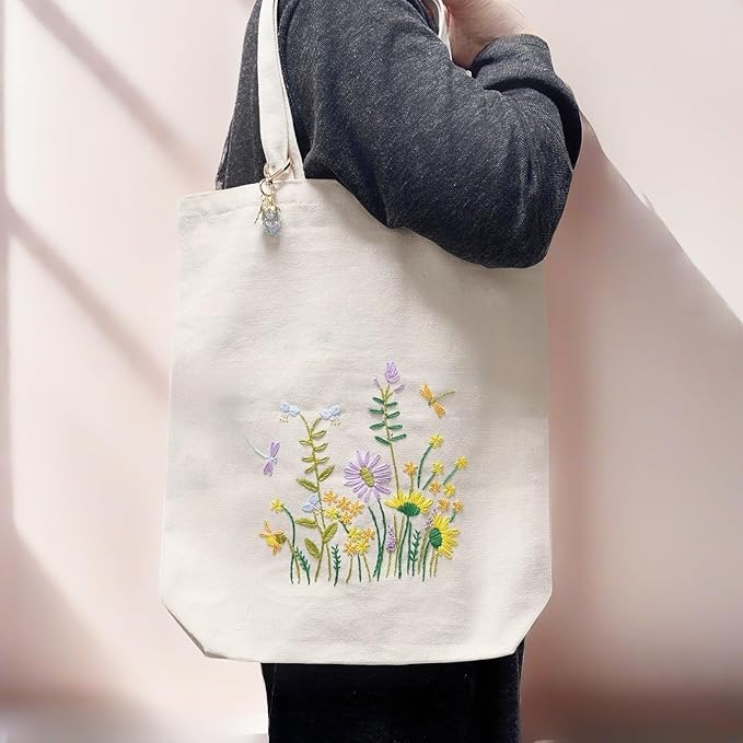 Speedura Embroidery Kit for Beginners – Dual Canvas Tote Bags with Floral Cross Stitch Patterns | Complete Needlepoint Set Includes Hoops, Threads & Step-by-Step Video Tutorial (Beige & Blue Set)