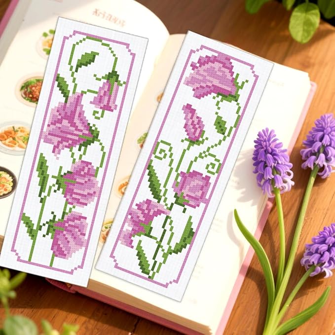 ORIGACH 6 Set Pea Flower Cross Stitch Bookmark Kit for Beginner with Backing Felt Floss Instructions DIY Stamped Embroidery Bookmark Kit for Adults, Book Lovers