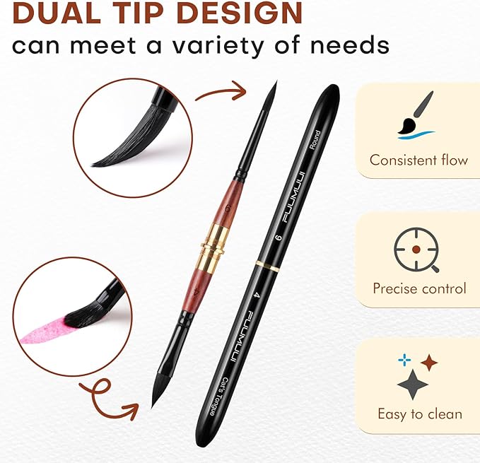 Dual Tip Travel Watercolor Brushes, Fuumuui 3pcs Synthetic Squirrel Hair Set of 6 Versatile Tips with Leather Pouch Perfect for Watercolor Gouache Ink Painting