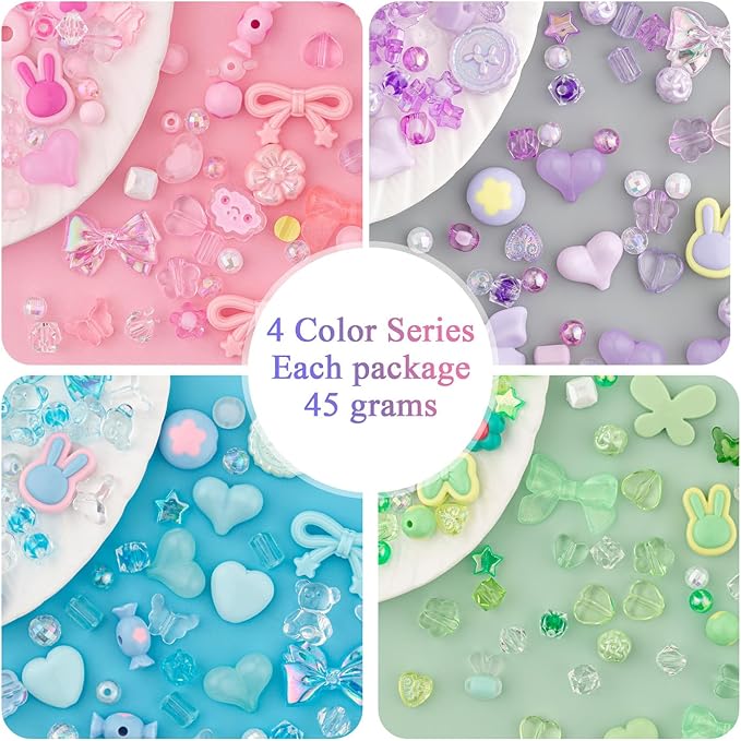 LAIDANLA 4 Color Assorted Acrylic Beads for Bracelets, Random Cute Beads Aesthetic Flower Star Heart Bow Butterfly Bear Candy Mix Beads for Jewelry Making DIY Necklace Keychain 180g