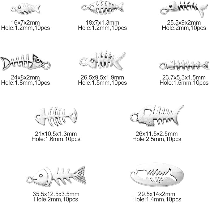 DanLingJewelry 100Pcs 10 Styles Fish Charm Bulk Fish Bone Charms Skeleton Charms for Jewelry Making Summer Ocean DIY