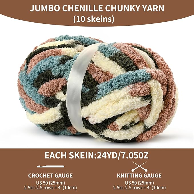 10 Pack Jumbo Chunky Yarn for Hand Knitting, Fluffy Variegated Chunky Chenille Yarn for Crocheting, 240yds/70.5oz Super Bulky Soft Crochet Baby Blanket Yarn(Apricpot Green)
