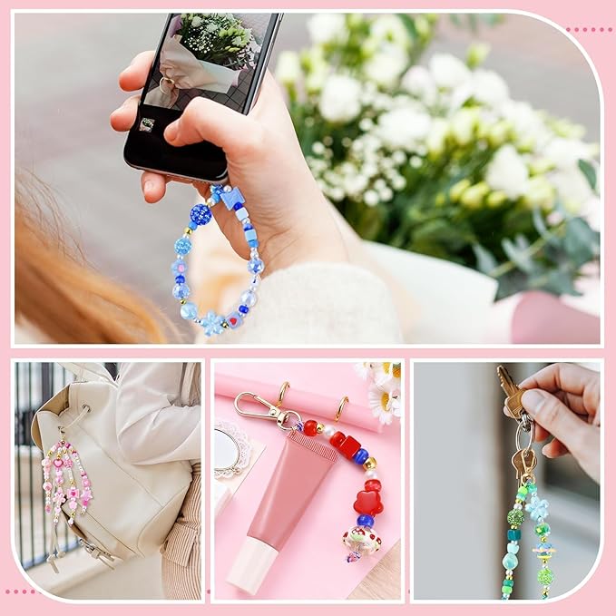 Wurosi 865 Pcs Bead Keychain Kit, DIY Bead Keychain Making Kit, Bag Charm Kit with Acrylic Heart Flower Alphabet Beads Key Chain Supplies for Jewerly Making Kit