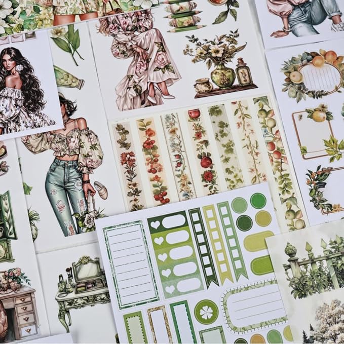 Fresh Green Scrapbook Sticker Book for Scrapbooking, A5 Size, Assorted PET Washi Paper Materials, 20 Sheets Diecut Journaling Stickers for Adults, Junk Journal Supplies, Collage, Crafts Arts
