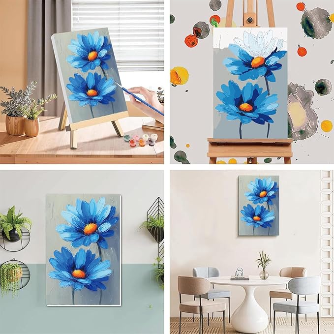 Easy Flower Paint by Numbers for Adults with Framed Canvas - with Wooden Easel, Flowers Paint by Number for Beginners, DIY Acrylic Oil Painting on Canvas with Brushes for Home Wall Decor (8x12 inch)