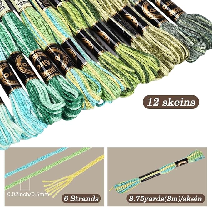 12 Skeins 105 Yards Green Embroidery Thread Variegated Cross Stitch Floss Bulk 6 Ply Polyester Yarn Colorful Friendship Bracelet String for Sewing Making Needlecraft Knitting Stitching DIY