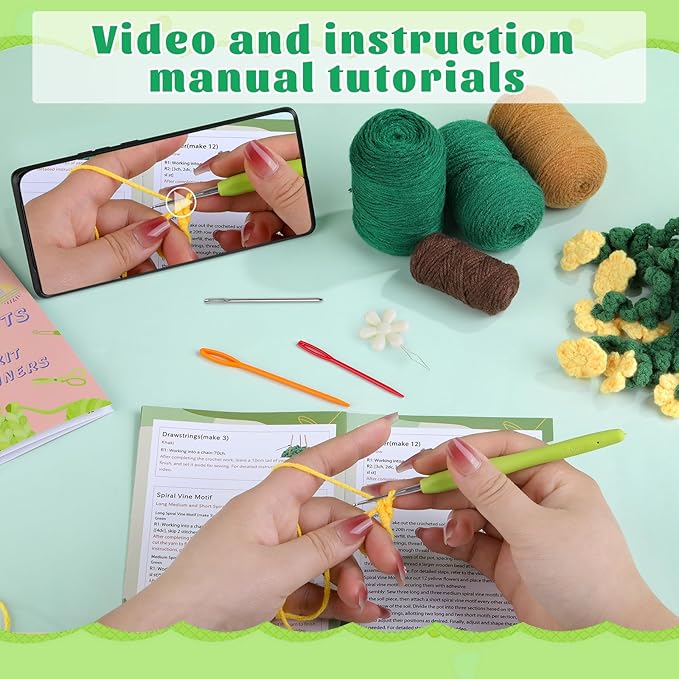 Kogyxe Beginners Crochet Kit, Hanging Potted Plants Knitting Starter Pack, Amigurumi Crochet Starter Kits w Step-by-Step Video Tutorials for Beginners Decoration, Plants Family (40%+ Yarn)