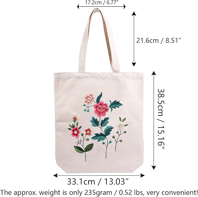 CREAWONDER Canvas Tote Bag Embroidery Kit with Pattern for Beginners, Arts and DIY Embroidery Crafts Kits for Adults, Include Instructions, Thimble, Embroidery Hoops, Color Threads and Tool