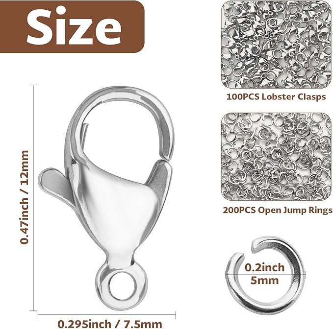 300pcs Stainless Steel Lobster Claw Clasps for Necklace/Bracelet Jewelry Making, 12mmx6mm Jewelry Clasps and Closures, Tarnish-Resistant & Colorfast Lobster Clip Findings & Open Jump Rings Set