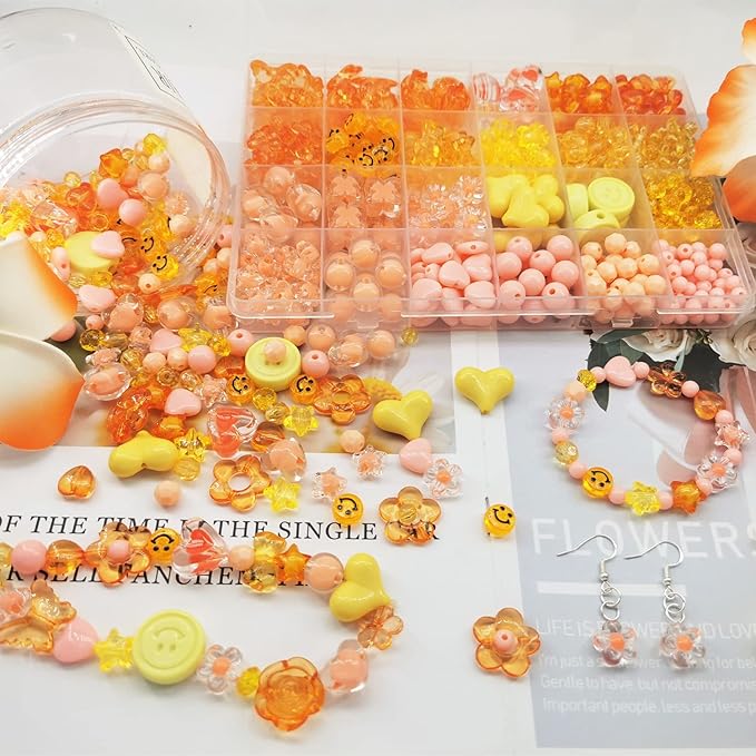 540pcs Acrylic Orange Beads - Assorted Pastel Candy Color Heart Star Butterfly Round Plastic Beads for Bracelets, Necklaces & DIY Crafts