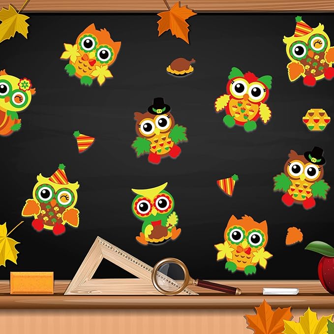 chiazllta 30 Packs Fall Craft Thanksgiving Owl DIY Art Craft with Fall Autumn Leaves Pumpkins Stickers Make Your Own Owl Set for Home Game Activities