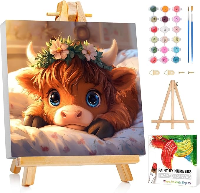 Reivworl Paint by Numbers Kit for Kids with Frame and Easel, Cow Paint by Number for Kids Age 6-8-12, Acrylic Paint by Numbers for Gifts and Home Decor (8X8 inch)
