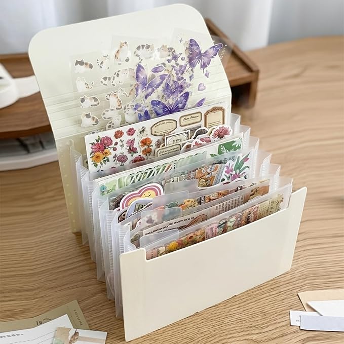 Sticker Storage Organizer with 7 Expandable Pockets, Multi-Layer Desktop Sticker Binder for Scrapbook Essentials and Journal Organizer, Large Capacity for Thick Sticker Album, Washi Tape(Cream)