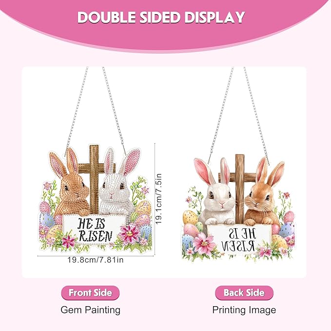 Happy Easter Bunny DIY Hanging Diamond Art Pendant Kit, Special Crystal Diamond Painting Ornament Kits for Adults Beginners, Double Sided Acrylic Board Gem Painting Box Kit, He Is Risen Funny Easter