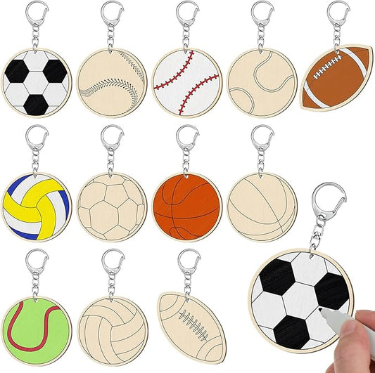 Trnayi 36 Pcs Color Your Own Sports Ball Keychains Crafts for Boys Girls Unfinished Wooden Football Basketball Soccer Crafts Blank Wood Painting DIY Crafts for Home Classroom Activities Project Decor