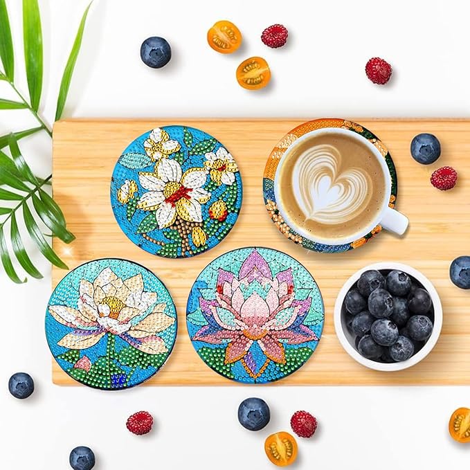 EWJRNSF 8 PCS Small Diamond Art Coasters Kits, Diamond Painting Coasters, Fall Diamond Art Kits for Adults Beginners, Arts and Crafts Item Sets with Holder for Drinks Flower Style