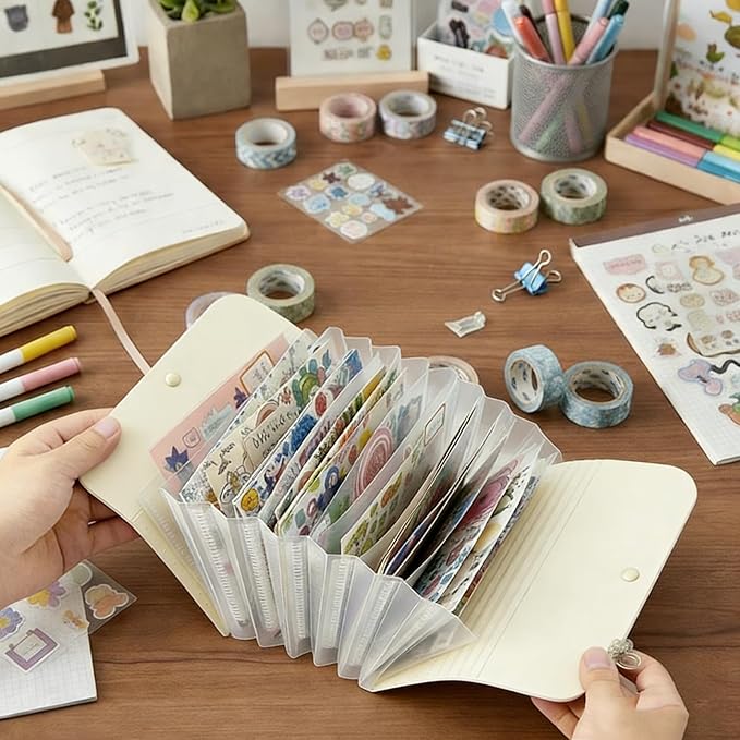 Sticker Storage Organizer with 7 Expandable Pockets, Multi-Layer Desktop Sticker Binder for Scrapbook Essentials and Journal Organizer, Large Capacity for Thick Sticker Album, Washi Tape(Cream)