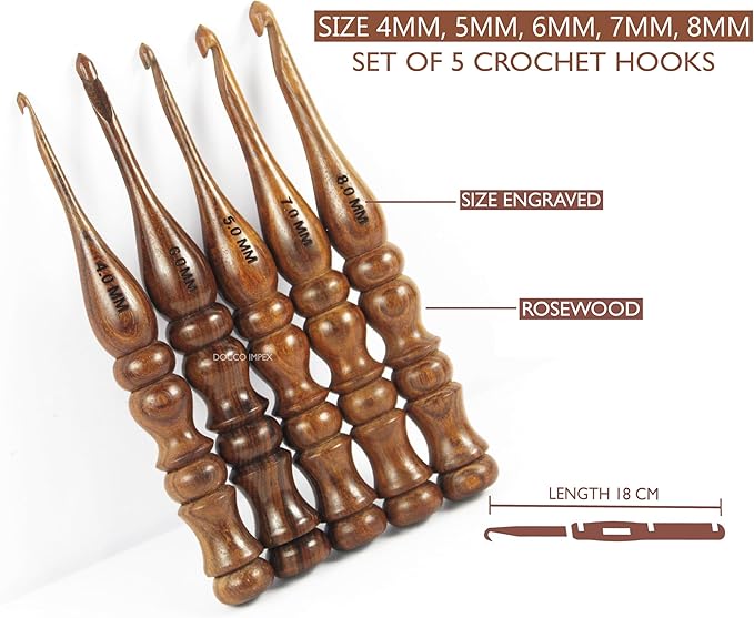 Wooden Crochet Hooks Set Rosewood Needles for Knitting & Crocheting Size 4mm to 8mm Ergonomic Soft and Comfortable Grip Handle “Yarn Accesories (Set of 5)