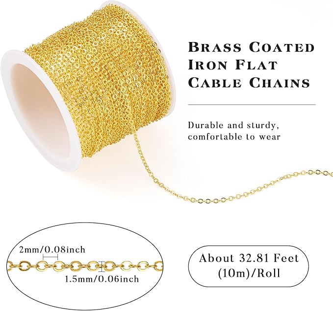 Sparkeads 32.8 Feet 10M Gold Chains Iron Flat Oval Cable Chains Metal Link Chains Soldered with Spool Bulk for Jewelry Craft Necklace Lanyard Bracelet DIY Women Earring Valentine