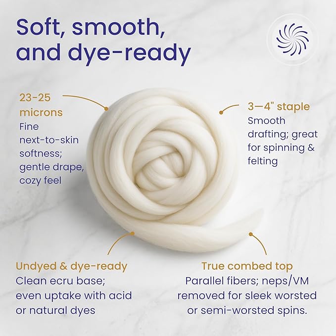 Revolution Fibers Merino Wool Roving 1 lb (16 Ounces) for Spinning | Soft Chunky Jumbo Yarn for Arm Knitting Blanket |100% Natural Undyed (Off-White) Wool Yarn, Felting Core, Carded Stuffing