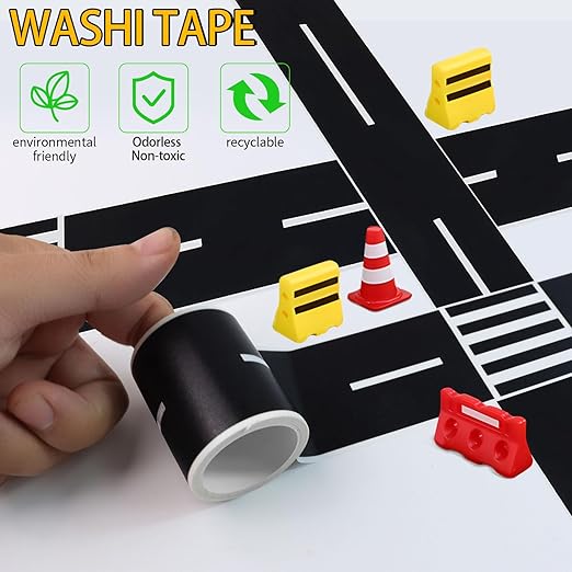 3 Rolls Roadway Tape, Race Cars Decorations for Kids Birthday Party, Race Track Tape Easy to Stick and Tear Without Leaving Any Traces, 2 Inch Wide 49 FT Long 2 Types of Road Tape