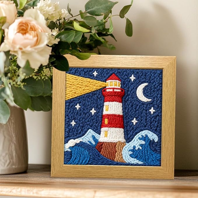 INFUNLY 2PCS Sea Lighthouse Punch Needle Embroidery Kit for Beginners Beacon DIY Punch Needle Starter Kit Lighthouse Handcraft Hooking Set with Pattern Instruction for Festival Gift Home Decor