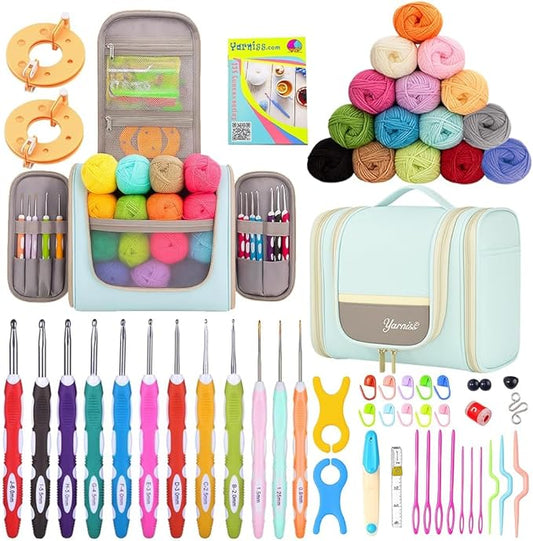 yarniss crochet kits with case, beginner crochet set includes 1050 yards crochet yarn & 12 size ergonomic crochet hooks,mint