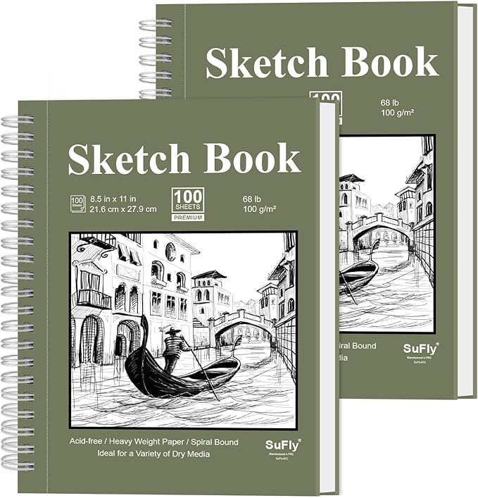sketch book 8.5"x11", spiral sketchbook pack of 2, sufly 200 sheets (68 lb/100gsm) acid free sketch pads for drawing for adults spiral bound with hard cover for kids & adults, 100 sheets each