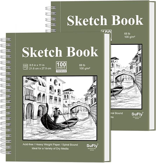 sketch book 8.5"x11", spiral sketchbook pack of 2, sufly 200 sheets (68 lb/100gsm) acid free sketch pads for drawing for adults spiral bound with hard cover for kids & adults, 100 sheets each