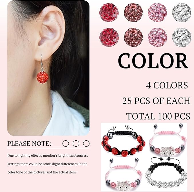 Valentine's Rhinestone Beads for Baseball Necklace-Valentine Disco Ball Beads Rhinestone Clay Bead for Earring Jewelry Making,Necklace Bracelet,DIY Craft Supplies(100 pcs Pink)