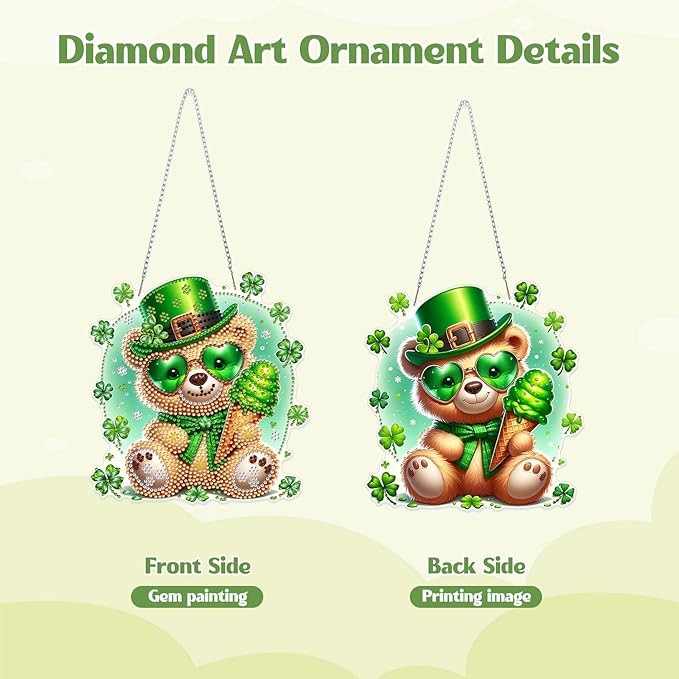 GHHKUD Bear Diamond Art Hanging Kit for Adults, DIY Double Sided Diamond Painting Hanging St.Patrick's Day, Special Shaped Acrylic Ornaments Pendants for Window Home Garden Wall