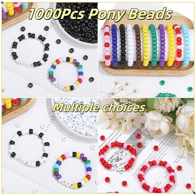 1000Pcs Red Pony Beads 6x9mm Perler Bulk Bead for Bracelets Crafts, Plastic Bead Kit, Hair Braids Kandi Beads for Necklace Keychain Jewelry Making(Red)