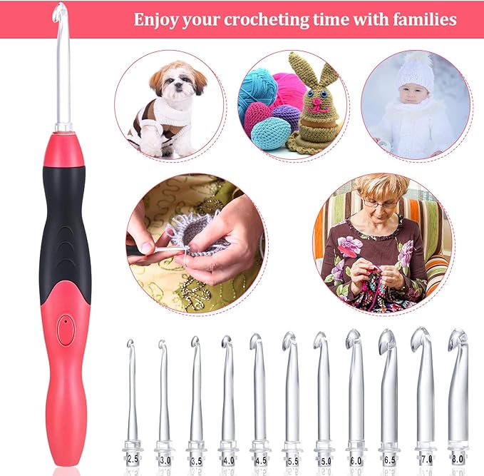 Chuangdi 11 Sizes Lighted Crochet Hooks Set Rechargeable Crochet Hook Light up Hooks with Case, Interchangeable Heads 2.5 mm to 8 mm for DIY Craft Supplies(Red-Black)