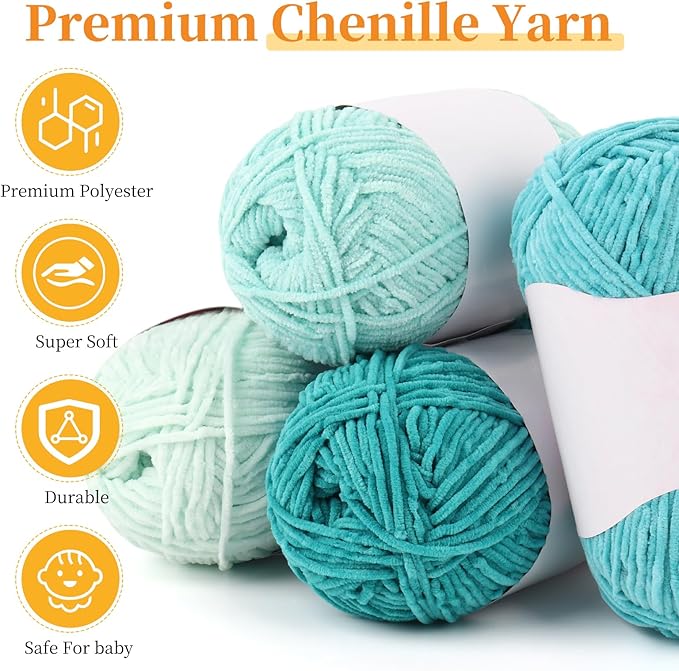 Coopay Skinny Chenille Yarn for Crocheting and Knitting, 12 Pack of 50g/1.76oz - 1764yd Total, Soft Velvet Yarn of Baby Weights - Suitable for Baby Blankets, Plush Toys - Super Soft (Green Gradient)