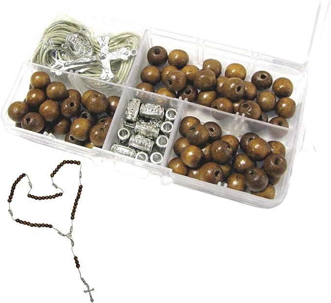 Linpeng Wood Bead Box Rosary DIY Kit, Catholic First Communion Necklace Making Supplies, Gift for Adults Seniors, 1 kit