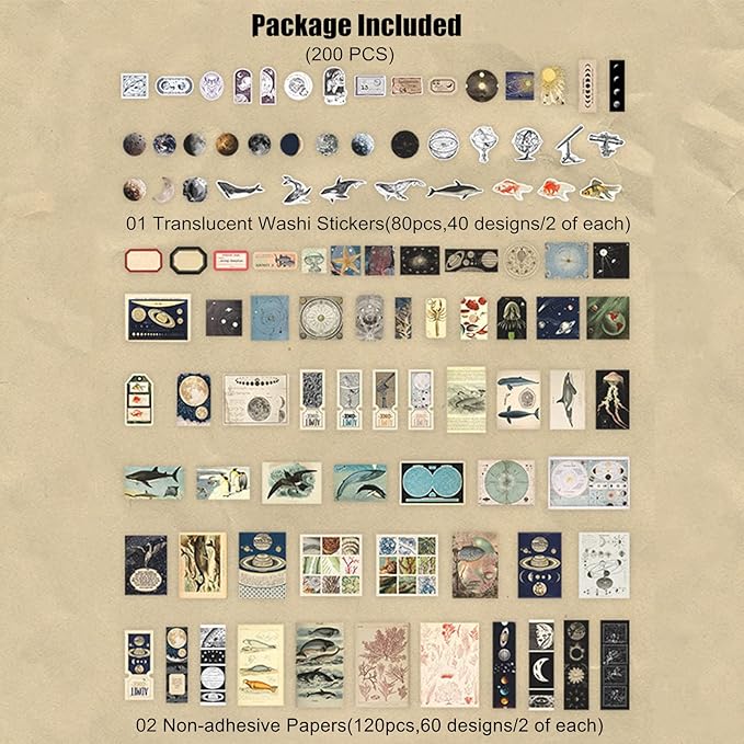 Esweny 200 Pieces Vintage Ephemera Scrapbooking Supplies Pack for Journaling, Decoupage Paper Scrapbook Stickers Kit for Junk Journal Planners Collage Craft Notebooks Album (Space and Sea)