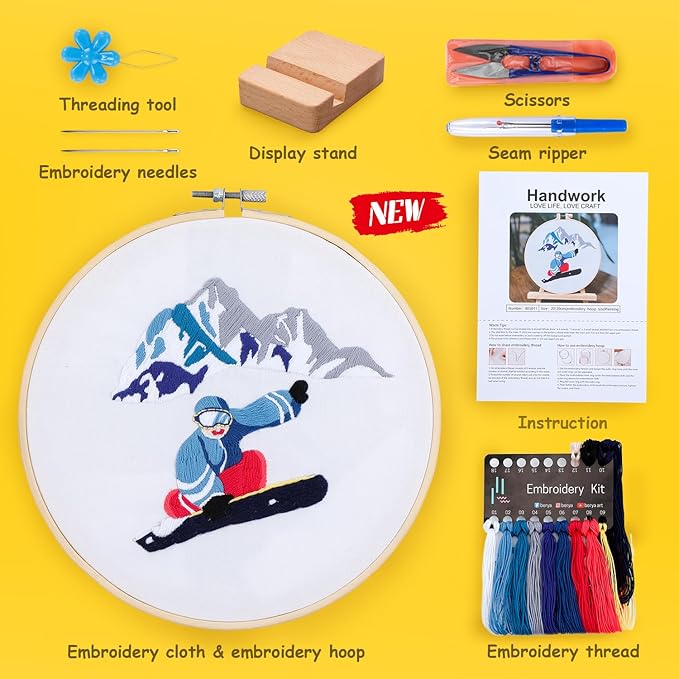 Embroidery Kit for Adult Beginners,Skiers Snow Mountain Embroidery Kit with Step-by-Step Instructions & Video,Printed Cloth,7.87" Hoop,Display Stand,Color Threads and Tools for Craft Lover(BES011)