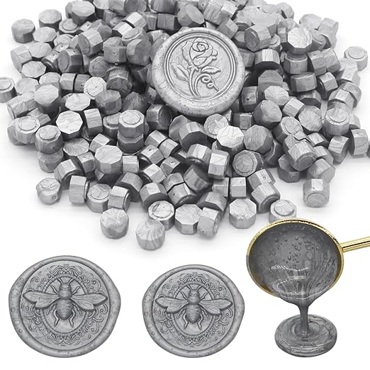 250pcs Wax Seal Beads Silver, Andotopee Premium Sealing Wax Beads for Stamp Seals, Octagon Metallic Seal Stamp Pellets Refill Pack for Wedding Invitation, Letter Envelope, Scrapbook DIY Crafts