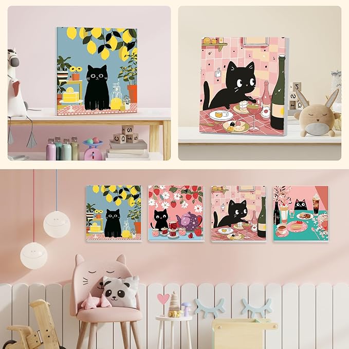 4 Pack Paint by Numbers Kit for Kids Beginner with Wooden Frame, Funny Black Cat, Paint by Numbers Kit for Adults, Black Cat Birthday Cakes And Flower, DIY Painting Kits for Home Wall Decor 8x8 inch