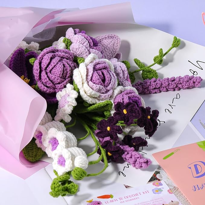 Iuuidu Crochet Kit for Beginners, Flower Bouquet Crochet Kit Rose, Crochet Starter Kit for Beginners with Step-by-Step Video Tutorials for Birthday Anniversary Day Present, Home Decor (Purple)
